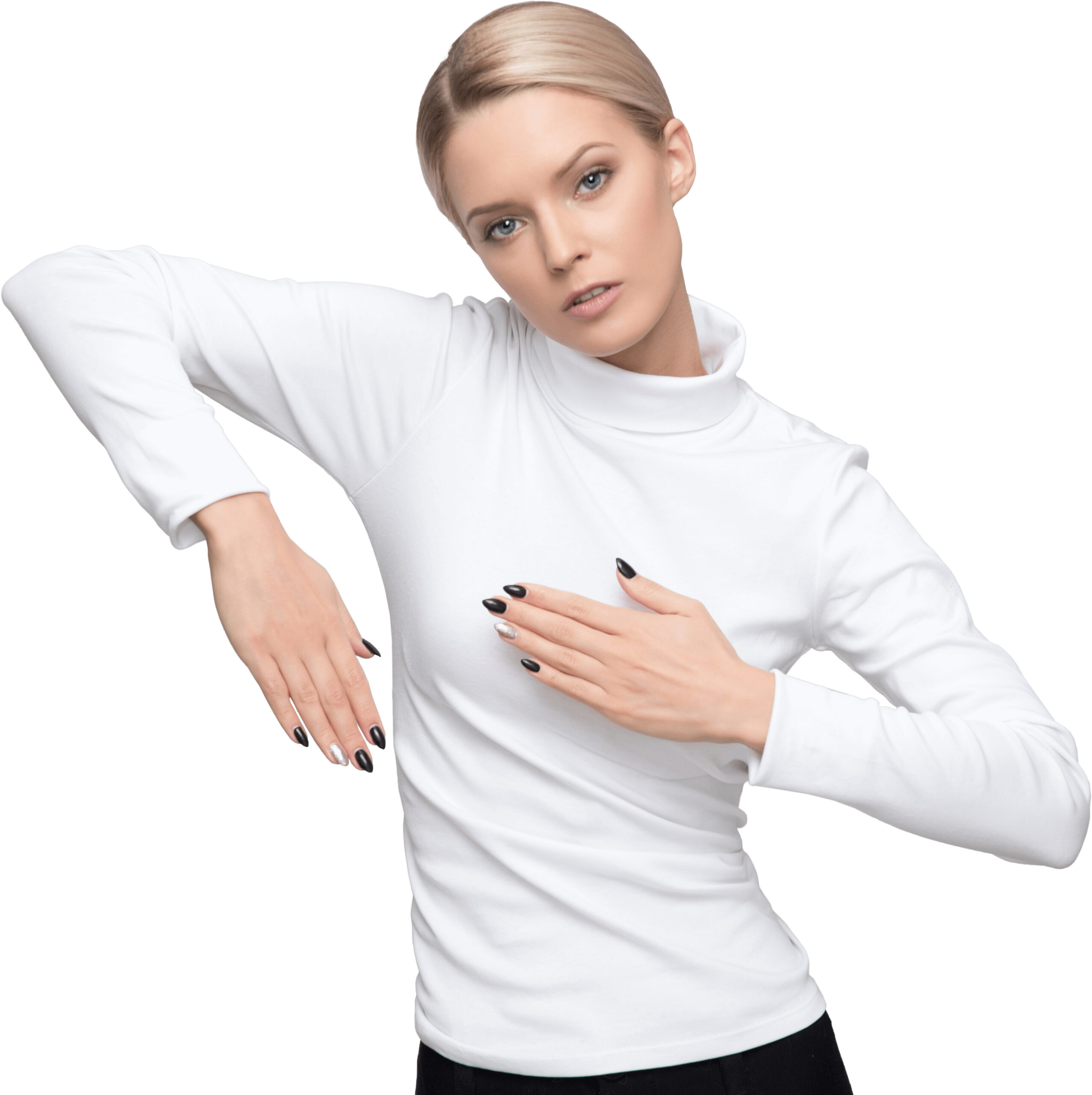a woman wearing a white t shirt and black nails